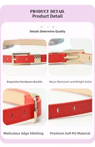 Detail view of red PU leather belt with textured finish and gold metal buckle