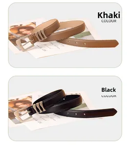 Détail de ceintures fines en noir et kaki avec boucles argentées en forme de vague
