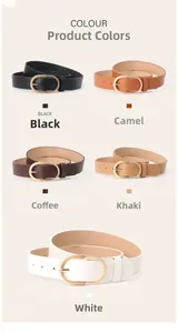 Minimalist women's PU leather belts shown in black, camel, coffee, khaki, and white