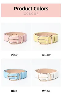 Close-up of litchi textured leather belts with golden horseshoe buckles in four pastel colors