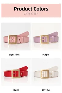 Detail view of thin faux leather belts with square gold buckles in four vibrant colors