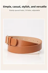Detail of brown PU leather belt featuring ten adjustable holes and a gold circular buckle