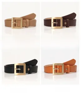 Detail view of four stylish waist belts in khaki, coffee, black and camel colors