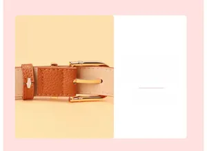 Close-up of brown lychee texture leather belt with a solid gold-tone alloy buckle