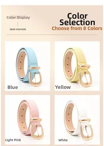 Vue détaillée de ceintures femme en cuir bleu, jaune, rose et blanc avec boucles dorées
