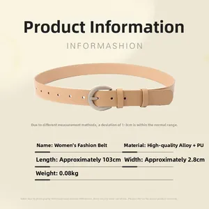 Dettaglio della cintura in pelle PU beige con fibbia a D argento e dimensioni del prodotto