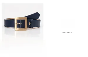 Navy blue leather belt with square matte gold buckle and detailed stitching on white surface