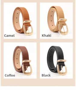 Détails de fines ceintures en cuir camel, kaki, café et noir avec boucles dorées