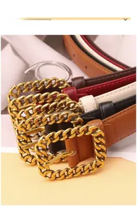 Nahaufnahme von Vintage-Kunstlederguerteln mit goldenen Kettenschnallen in Farben