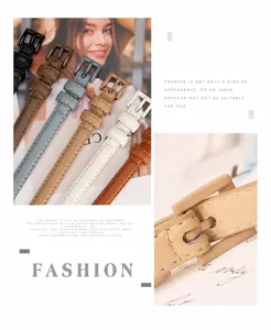 Detailed view of women's thin leather belts in various colors with elegant square buckles