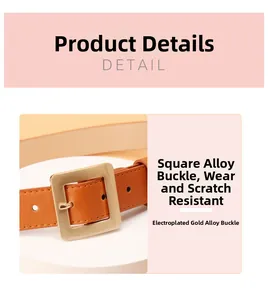 Detail of orange leather belt with gold square alloy buckle showing plating texture