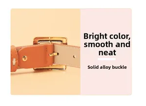 Detail view of light brown leather belt featuring a solid golden alloy square buckle