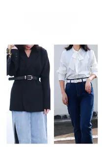 Detailed comparison of black and white slim leather belts with metallic pin buckles on waist