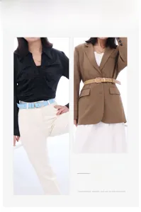 Close-up of stylish skinny leather belts with golden bamboo buckles in blue and camel colors