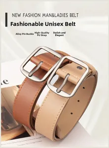 Detailed view of caramel and almond PU leather belts with matte alloy square buckles