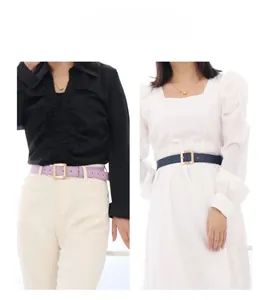 Slim fashion belts with metal square buckles shown on outfits for style and waist fit