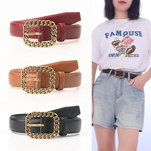 Vintage Minimalistisch Damen Gürtel Mode Vielseitig PU Leder Hüftgürtel Goldene Kette Viereckschnalle Für Kleider Mäntel