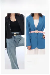 Black and pink belts with gold square buckles shown on outfits for fashion styling