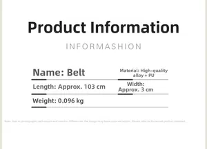 Specifications of the alloy and PU leather belt with dimensions 103cm by 3cm and weight 0.096kg