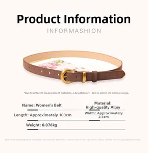 Brown leather belt for women featuring a gold alloy buckle and detailed product dimensions