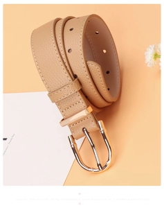 Close-up of khaki leather belt with gold U-shaped buckle and fine litchi grain texture