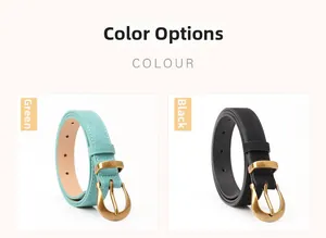 Detail view of retro leather belts with gold buckles in green and black with white stitching