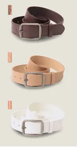 Three minimalist leather belts in coffee, khaki, and white with brushed metal buckles