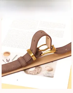 Detail of a brown matte leather belt with vintage gold buckle and metal loop