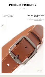 Detail of brown leather belt with lychee texture and gun-gray alloy needle buckle