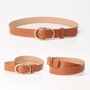 Minimalist brown PU leather belt for women with elegant golden oval metal pin buckle