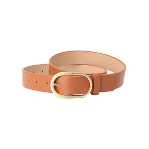 Minimalist brown PU leather belt for women featuring a polished gold oval metal buckle