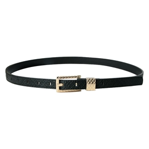 Women's black leather belt with a golden wavy buckle and litchi texture for jeans