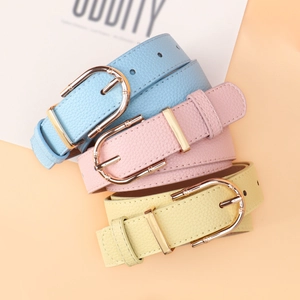 Women slim leather belt set with golden bamboo buckle in blue, pink and yellow colors
