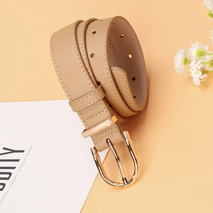 Beige faux leather belt for women with golden bamboo buckle and white contrast stitching