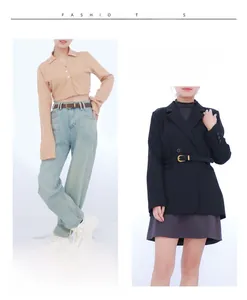 Fashionable women's thin leather belt styled with denim jeans and blazer outfits