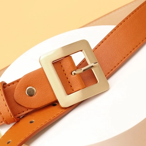 Caramel leather skinny belt with square gold buckle for women’s fashion jeans
