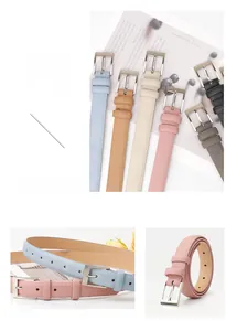 Multiple colors of women's slim leather belts with silver buckles and fine textures