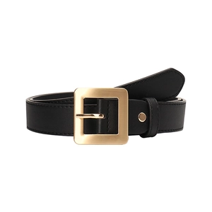 Minimalist black leather belt for women featuring a large square golden metal buckle