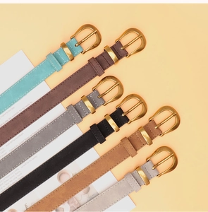 Detail of vintage round gold buckles and suede-textured belts in six diverse colors