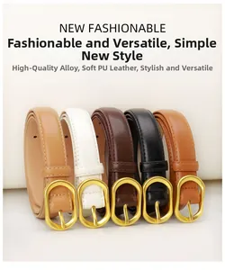 Detail of five PU leather belts in different colors with oval alloy buckles