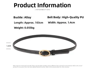 Detail of slim black PU leather belt with gold oval alloy buckle and dimensions