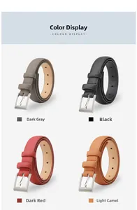 Detail view of four slim leather belts in dark grey, black, dark red and light camel shades