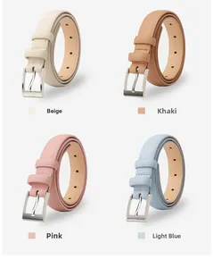 Four thin belts in beige, khaki, pink, and light blue with matte silver pin buckles