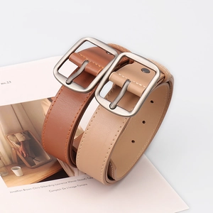 Minimalist leather belts in dark brown and beige with brushed metal square pin buckle