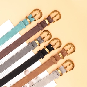 Women's vintage skinny leather belts in 6 colors with contrast stitching and gold buckles
