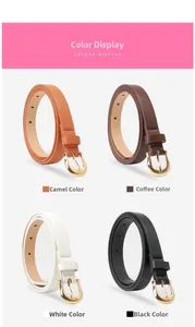 Détail des ceintures fines en similicuir multicolores avec boucles en fer à cheval dorées