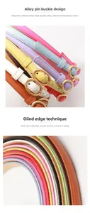 Detail of colorful leather belts featuring gold alloy buckles and smooth oil-edge finishing