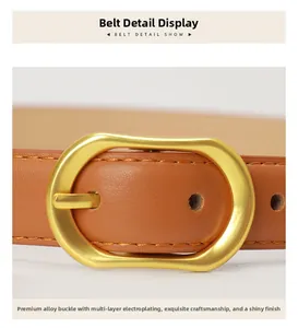 Detail of premium brown leather belt with high-gloss gold alloy buckle and fine stitching