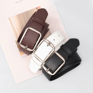 Minimalist leather belts in black, brown, and white with square matte metal buckle
