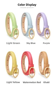 Six colorful skinny belts with oval gold buckles in green blue purple yellow red and khaki